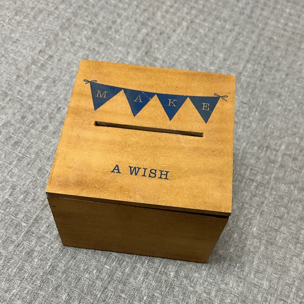 Wooden 'Make A Wish' Money Box - Brown with Navy Accents
